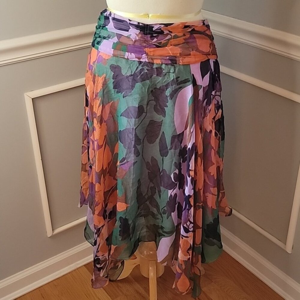 BCBGMAXAZARIA 100% Silk Orange Purple Handkerchief Hem Boho Flowy Party Skirt 6 - Picture 3 of 9